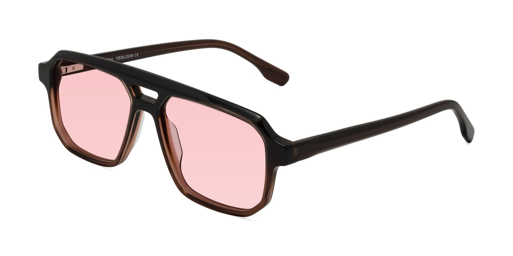 Angle of DeMiko in Gradient Brown with Light Garnet Tinted Lenses