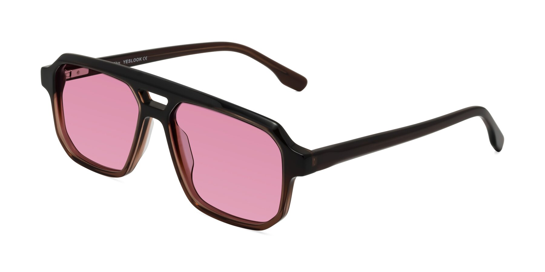 Angle of DeMiko in Gradient Brown with Medium Wine Tinted Lenses