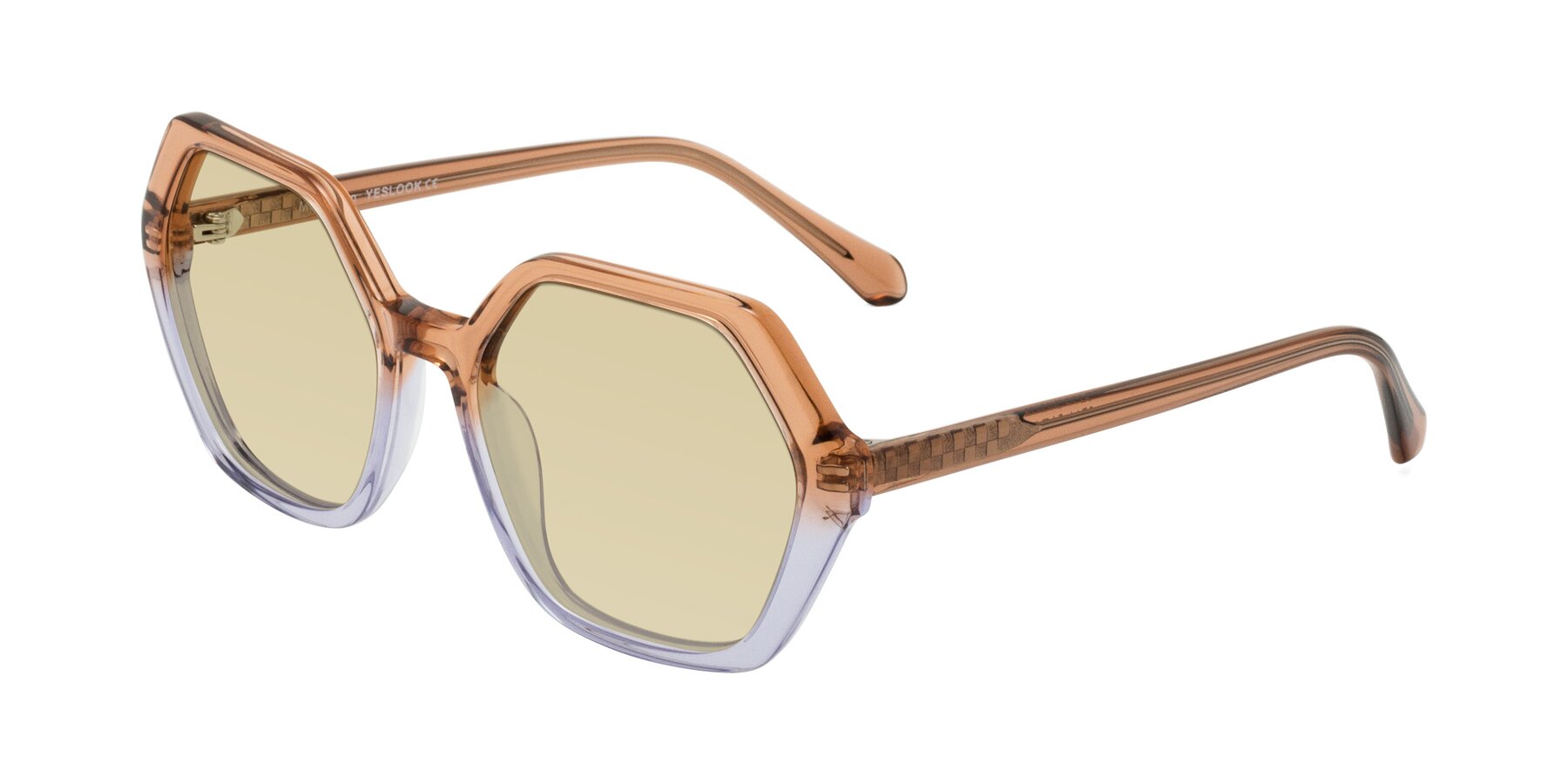Angle of McFadden in Clear Brown/Clear Purple with Light Champagne Tinted Lenses