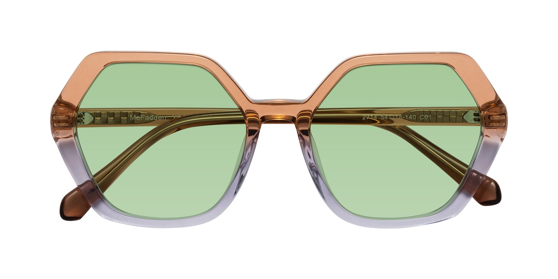 Folded Front of McFadden in Clear Brown/Clear Purple with Medium Green Tinted Lenses