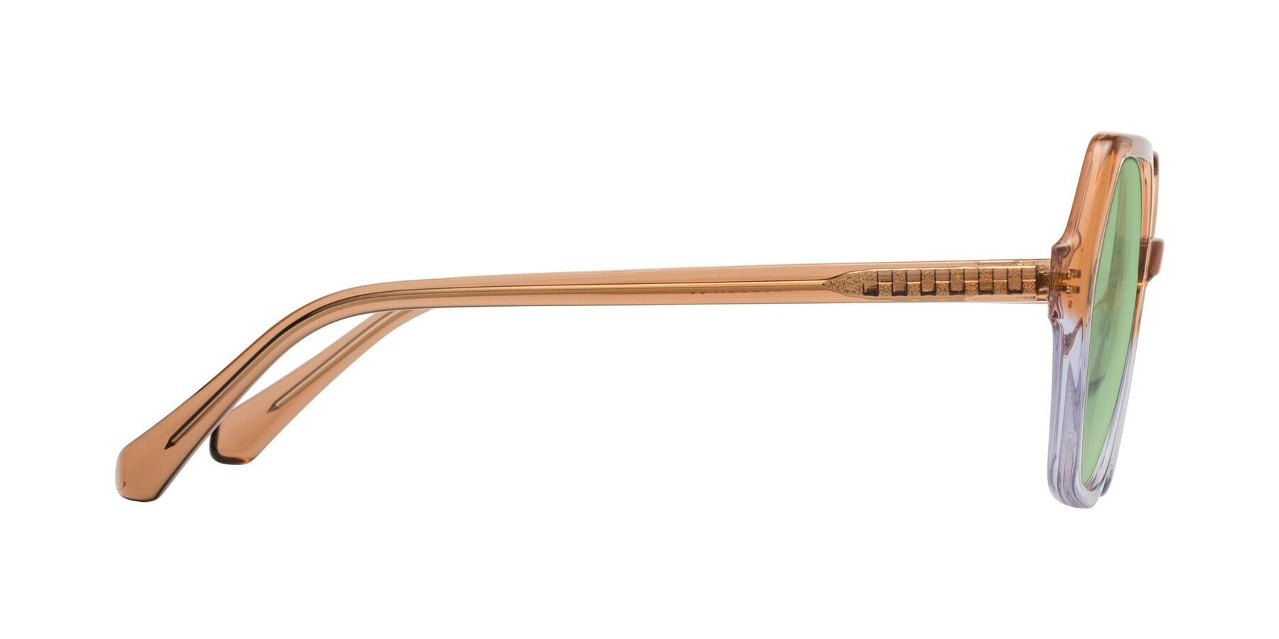 Side of McFadden in Clear Brown/Clear Purple with Medium Green Tinted Lenses