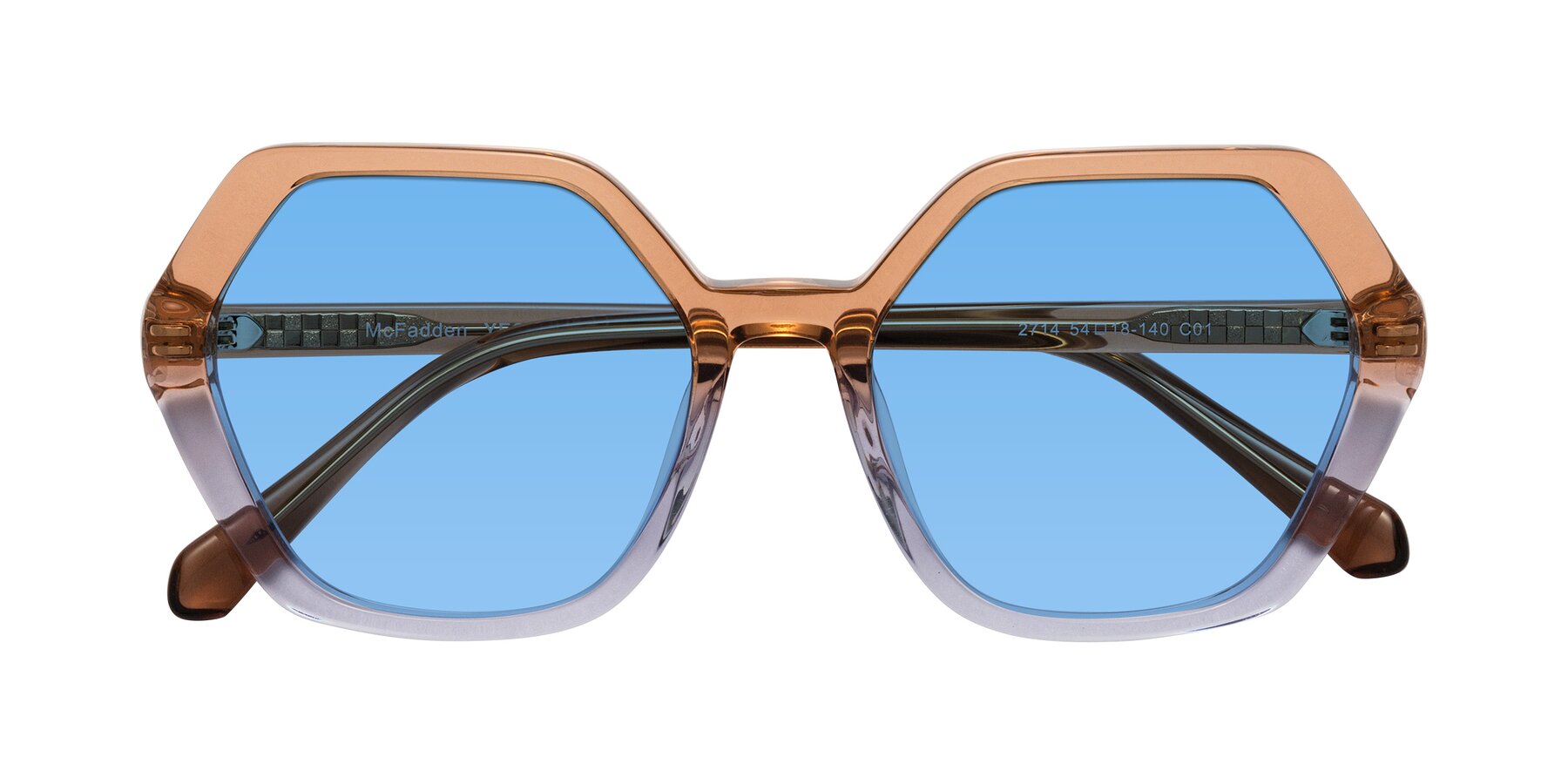 Folded Front of McFadden in Clear Brown/Clear Purple with Medium Blue Tinted Lenses