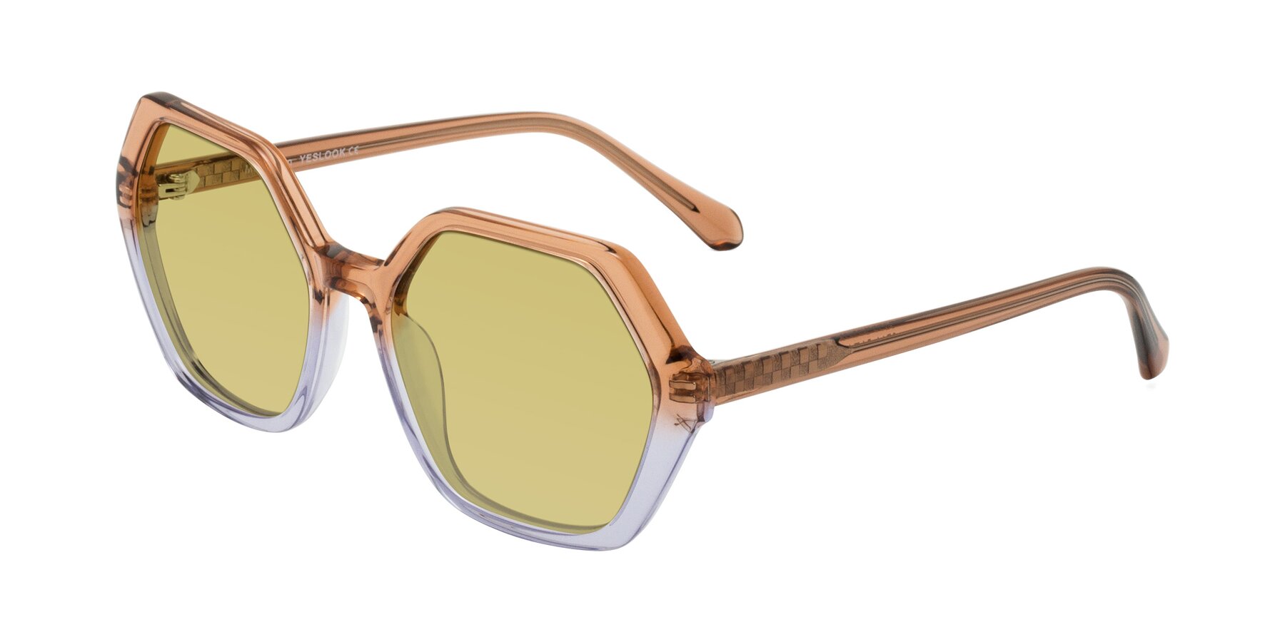 Angle of McFadden in Clear Brown/Clear Purple with Medium Champagne Tinted Lenses