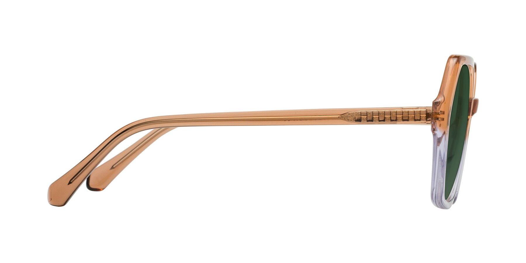 Side of McFadden in Clear Brown/Clear Purple with Green Tinted Lenses