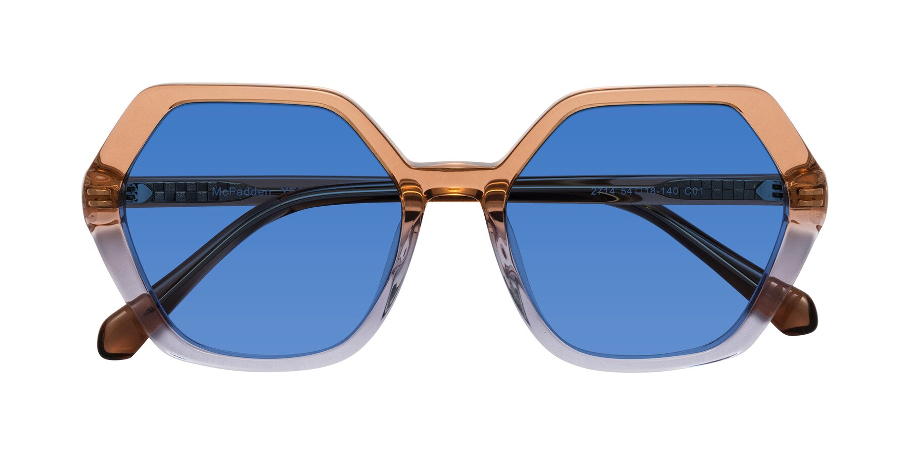 Folded Front of McFadden in Clear Brown/Clear Purple with Blue Tinted Lenses