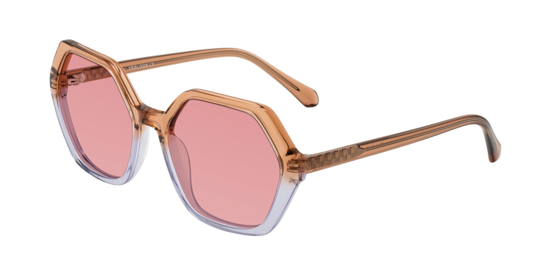 Angle of McFadden in Clear Brown/Clear Purple with Medium Garnet Tinted Lenses