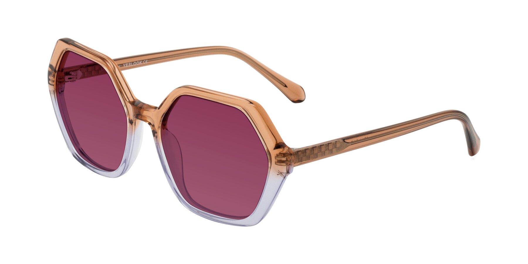 Angle of McFadden in Clear Brown/Clear Purple with Wine Tinted Lenses