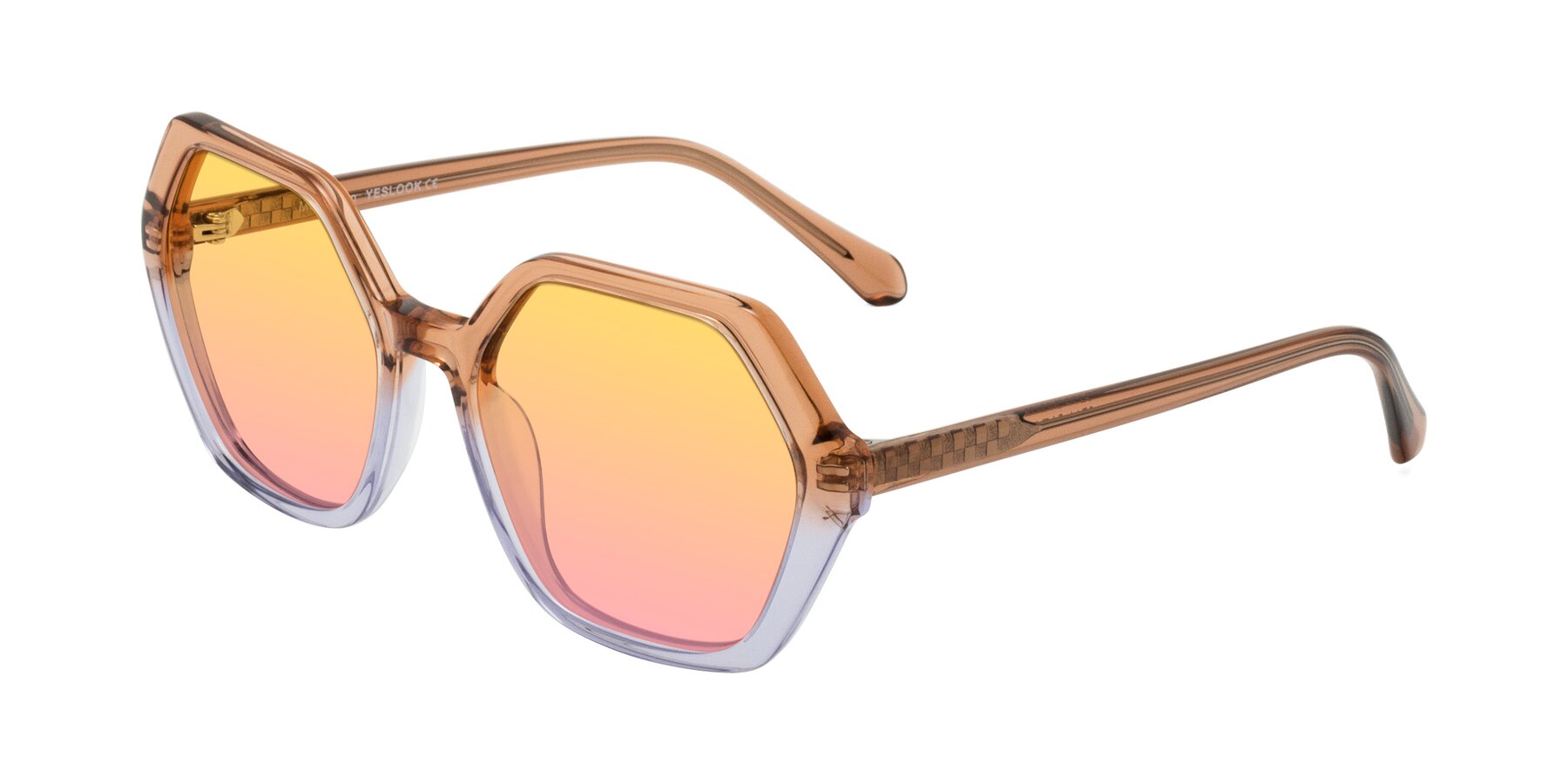 Angle of McFadden in Clear Brown/Clear Purple with Yellow / Pink Gradient Lenses