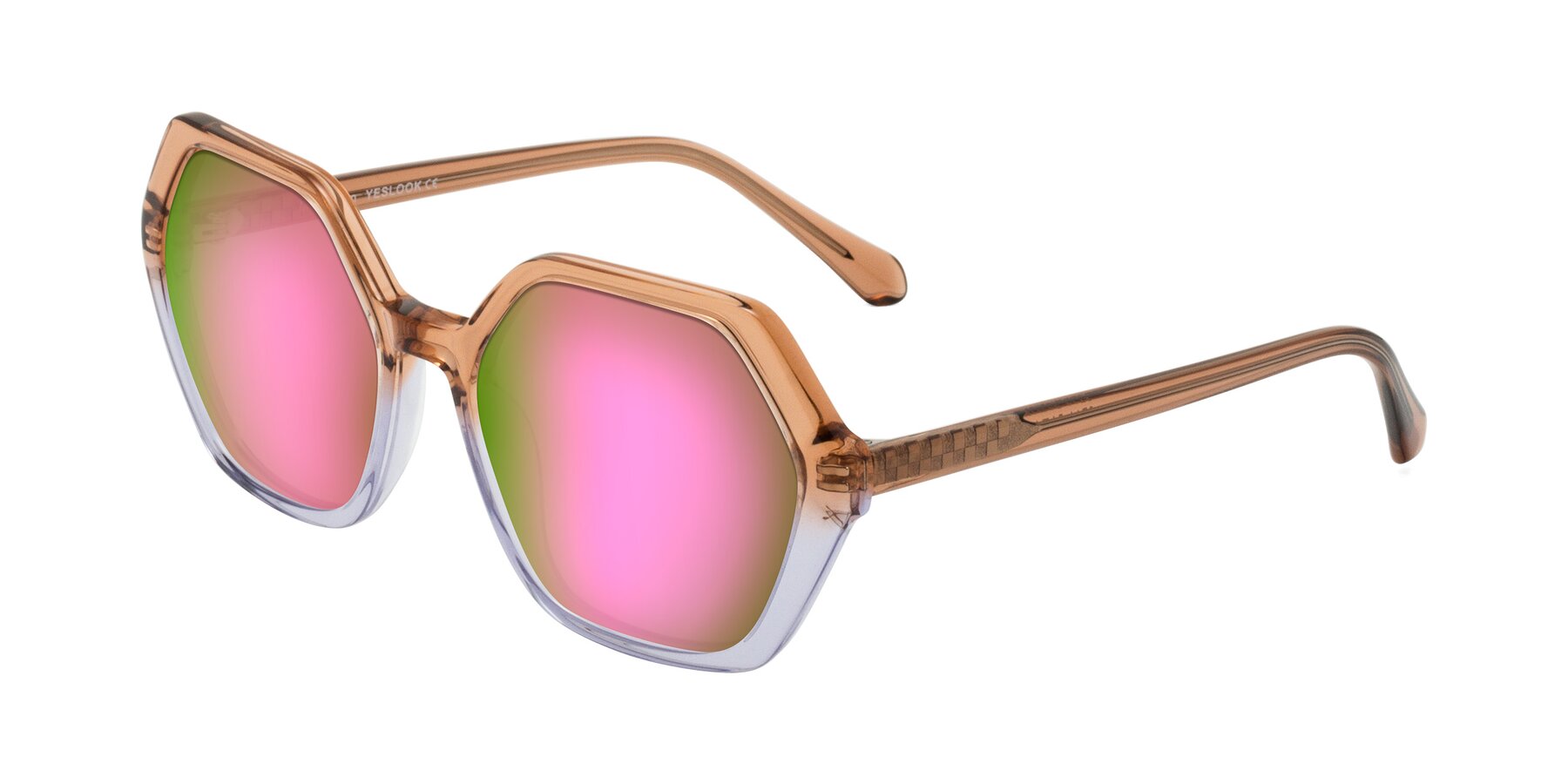 Angle of McFadden in Clear Brown/Clear Purple with Pink Mirrored Lenses