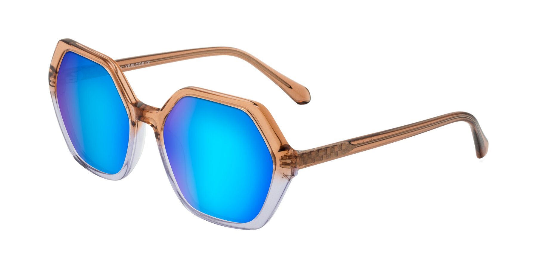Angle of McFadden in Clear Brown/Clear Purple with Blue Mirrored Lenses