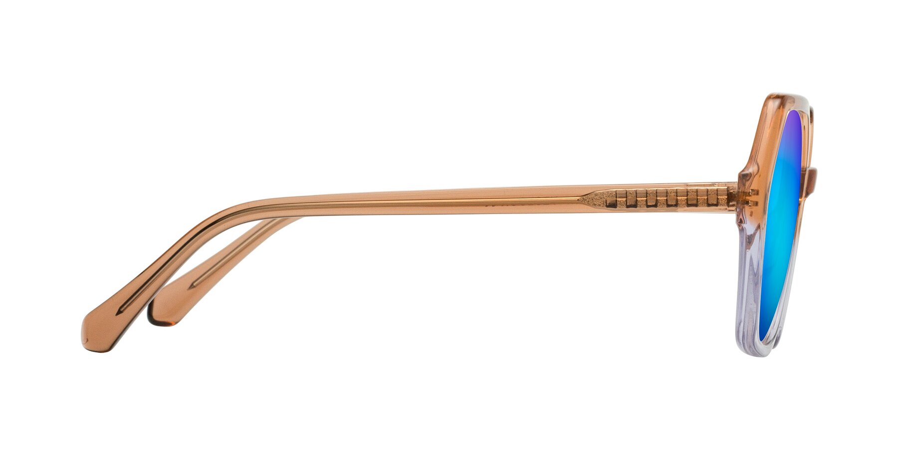 Side of McFadden in Clear Brown/Clear Purple with Blue Mirrored Lenses