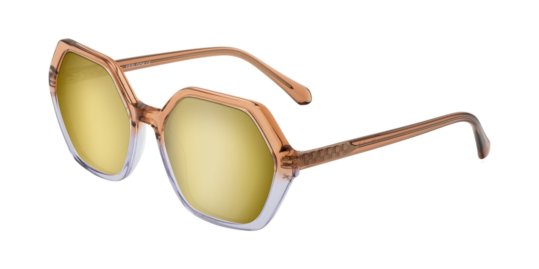 Angle of McFadden in Clear Brown/Clear Purple with Gold Mirrored Lenses