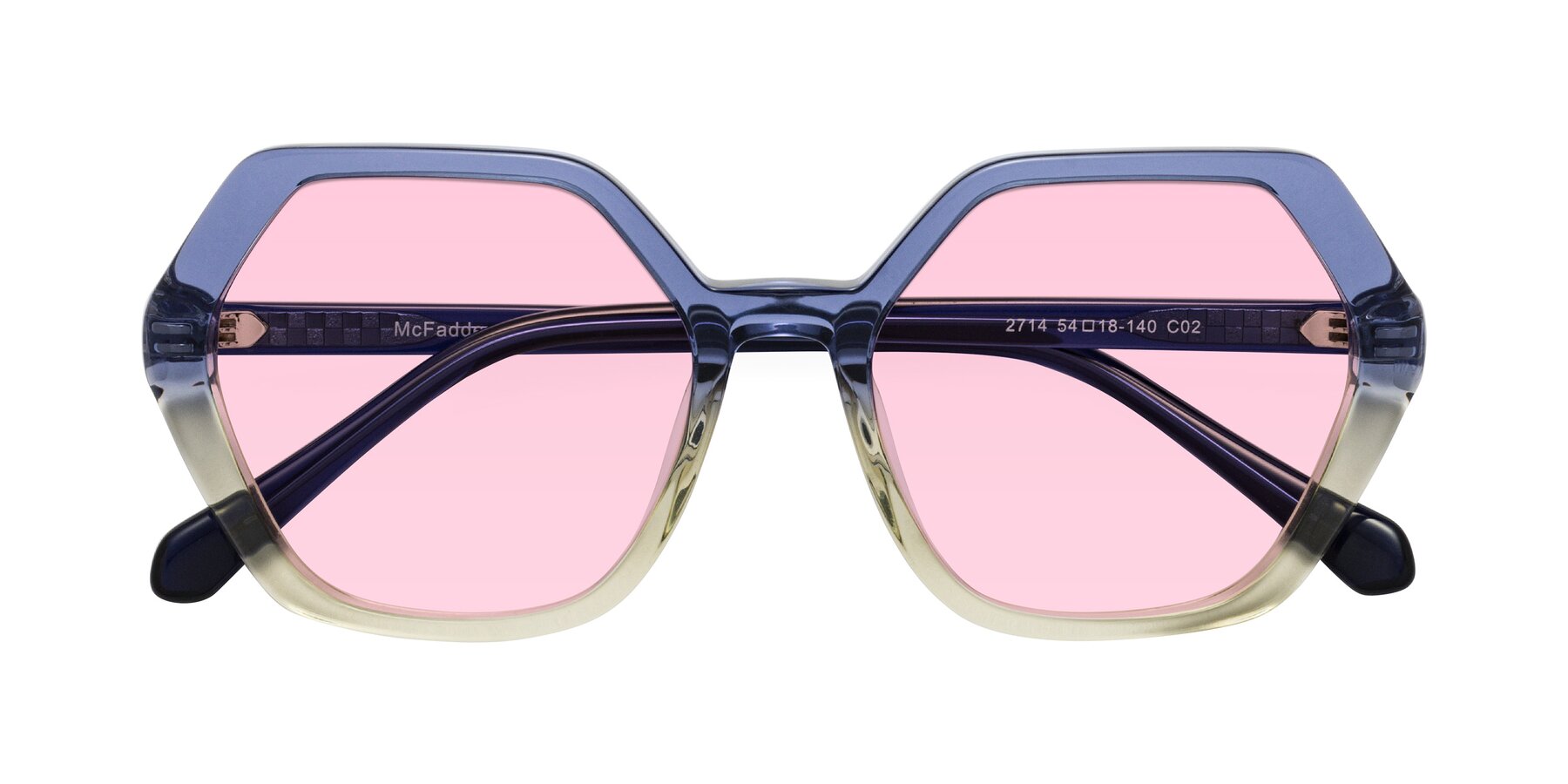 Folded Front of McFadden in Clear Blue/Clear Green with Light Pink Tinted Lenses