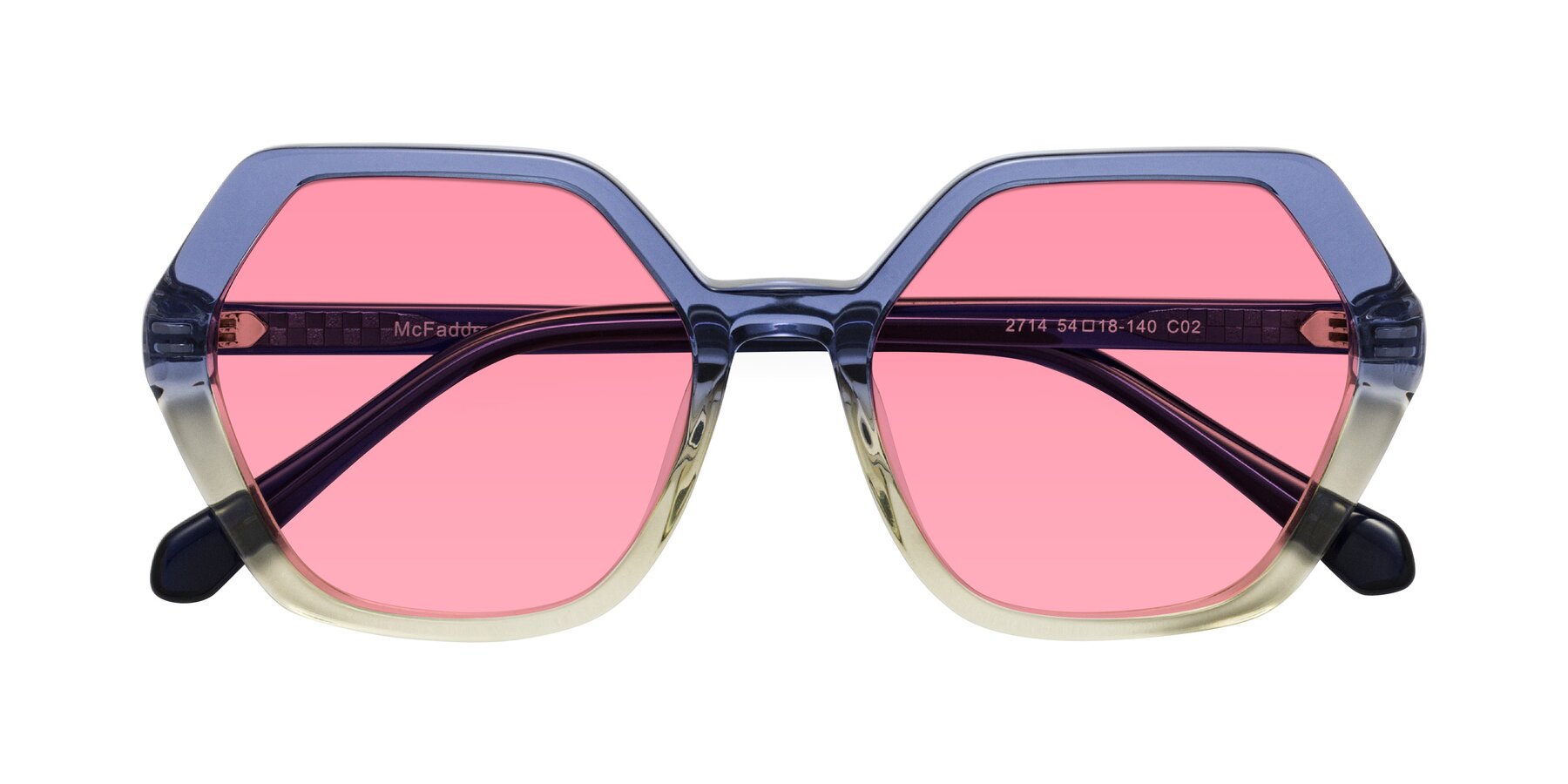 Folded Front of McFadden in Clear Blue/Clear Green with Pink Tinted Lenses