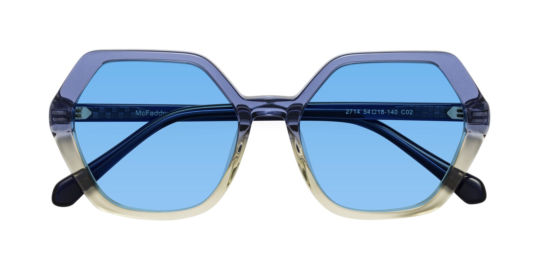 Folded Front of McFadden in Clear Blue/Clear Green with Medium Blue Tinted Lenses