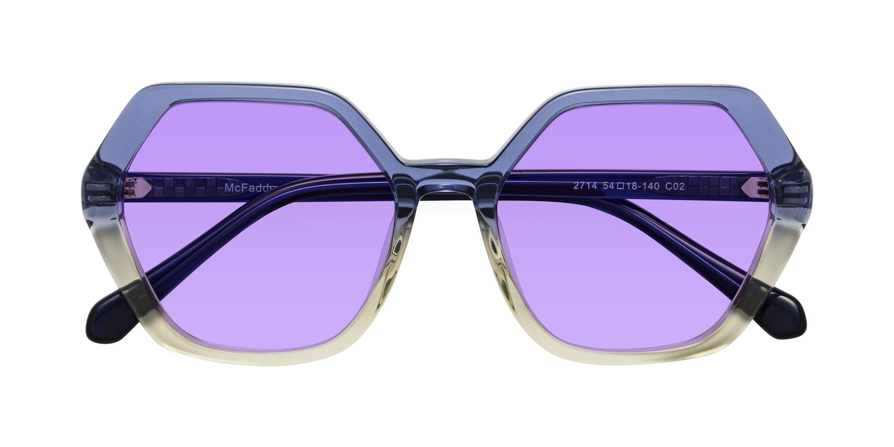 Folded Front of McFadden in Clear Blue/Clear Green with Medium Purple Tinted Lenses