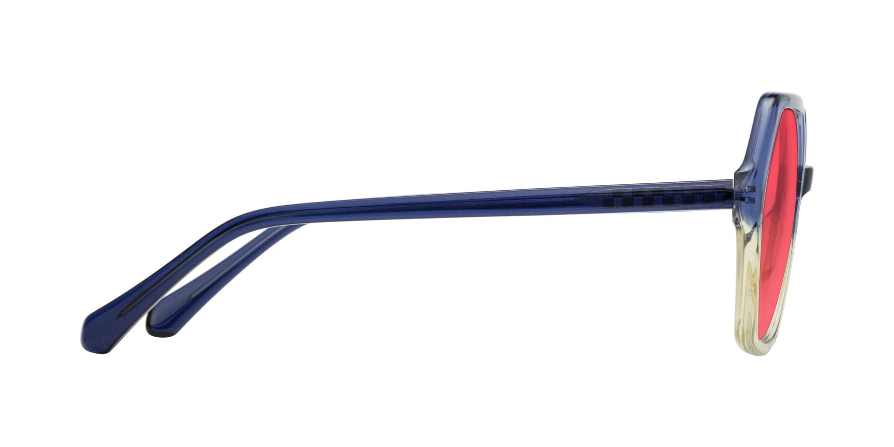 Side of McFadden in Clear Blue/Clear Green with Red Tinted Lenses