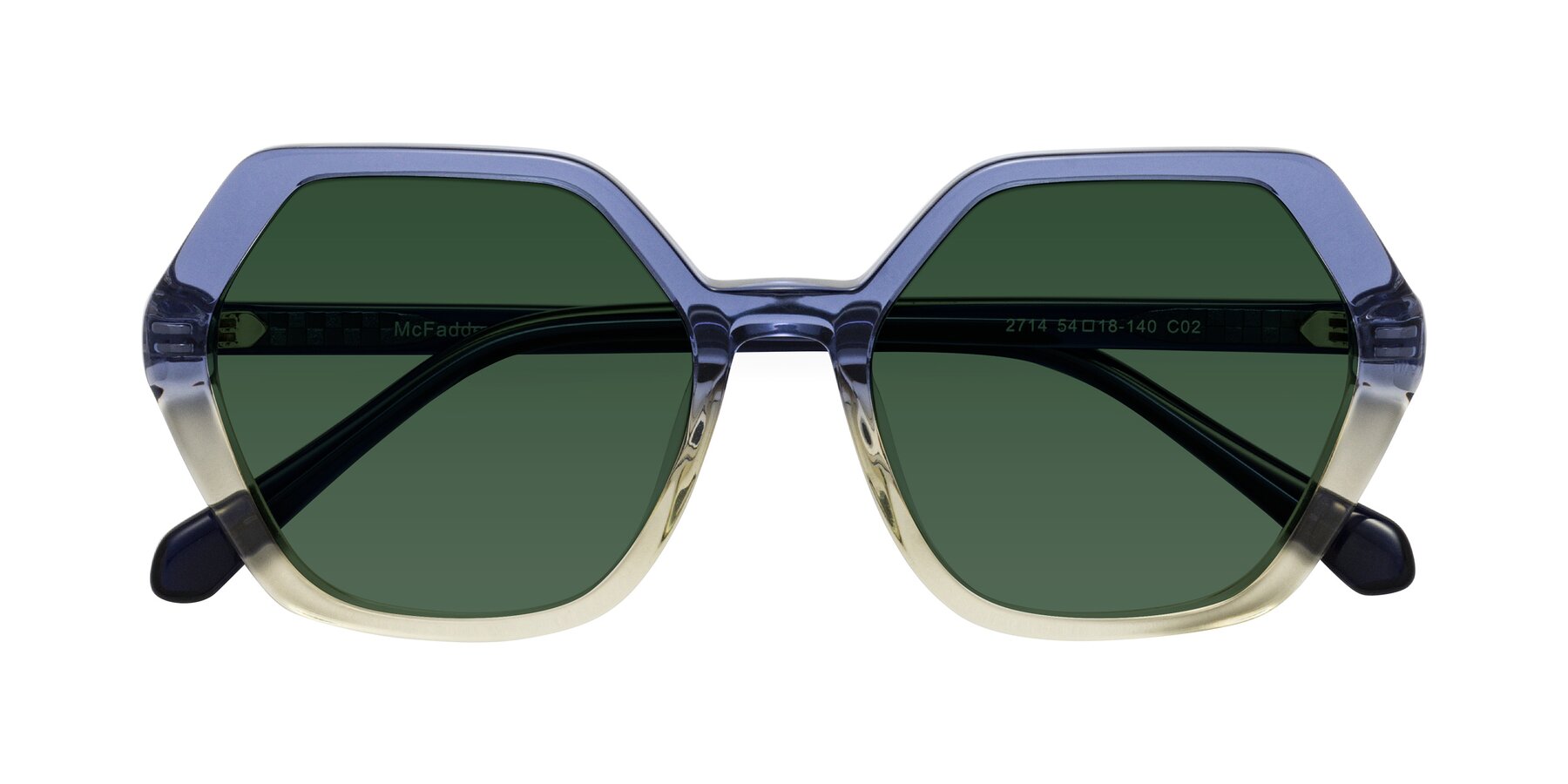 Folded Front of McFadden in Clear Blue/Clear Green with Green Tinted Lenses