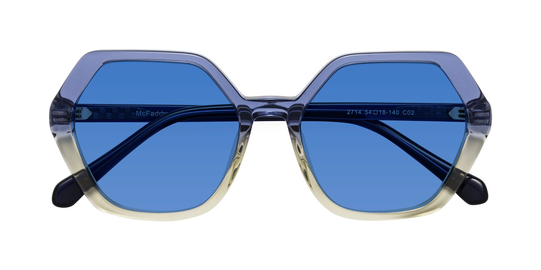 Folded Front of McFadden in Clear Blue/Clear Green with Blue Tinted Lenses