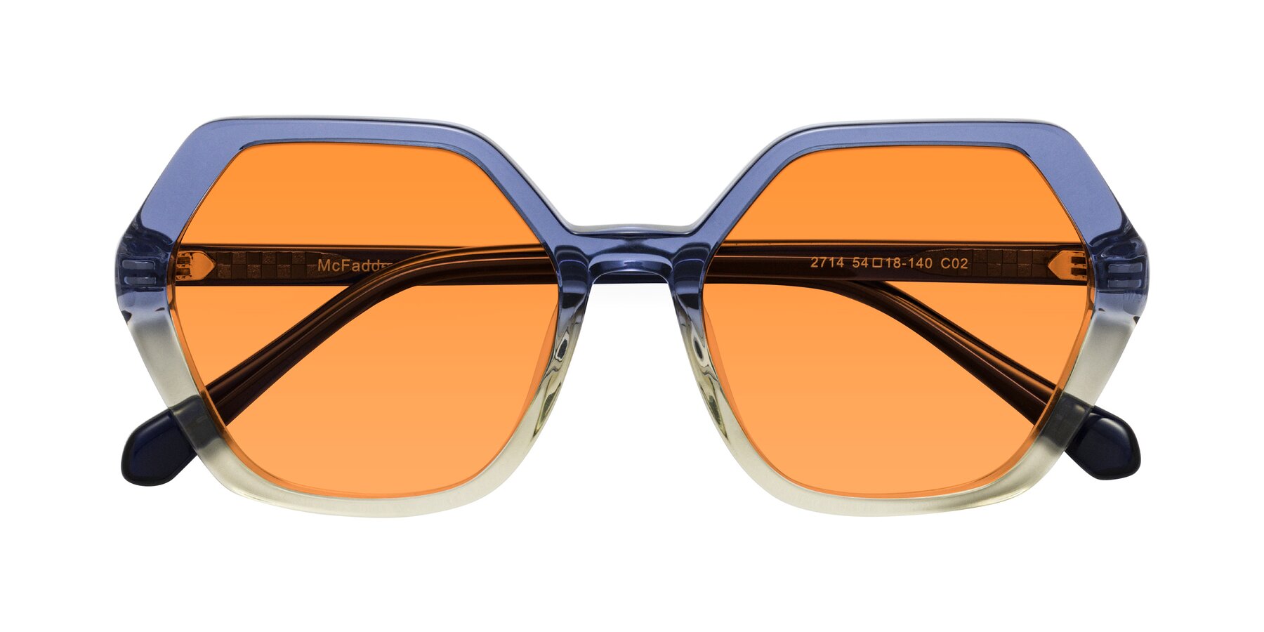 Folded Front of McFadden in Clear Blue/Clear Green with Orange Tinted Lenses