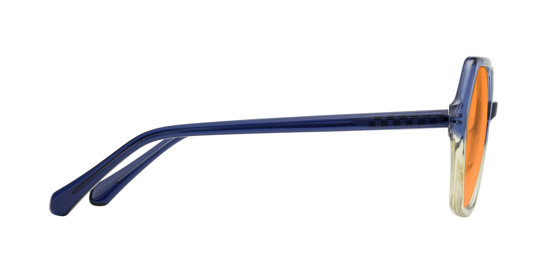 Side of McFadden in Clear Blue/Clear Green with Orange Tinted Lenses