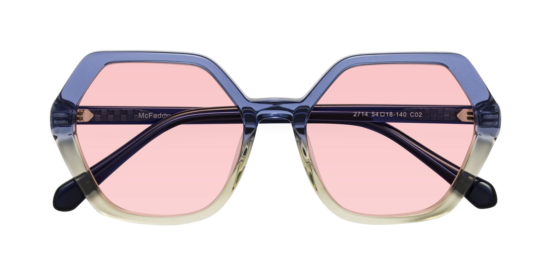 Folded Front of McFadden in Clear Blue/Clear Green with Light Garnet Tinted Lenses