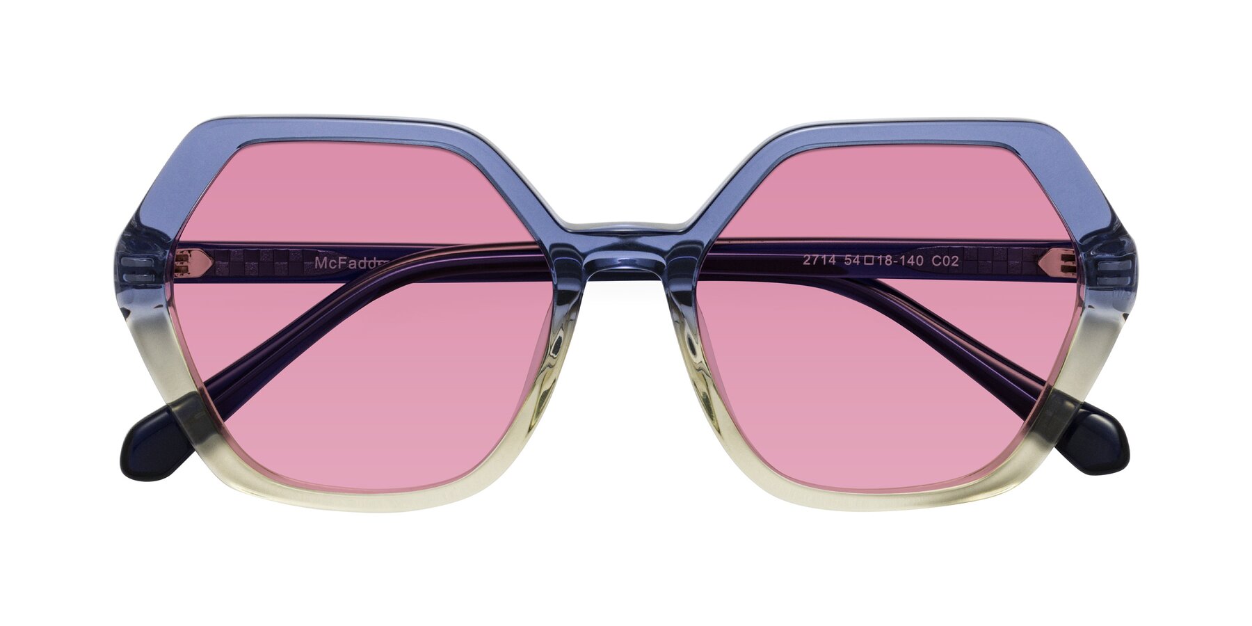 Folded Front of McFadden in Clear Blue/Clear Green with Medium Wine Tinted Lenses