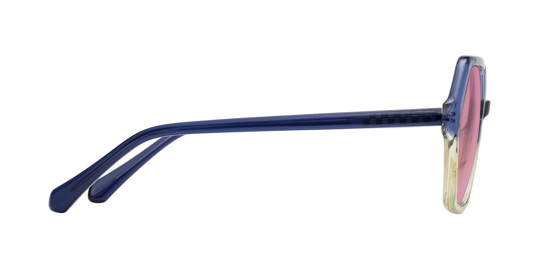 Side of McFadden in Clear Blue/Clear Green with Medium Wine Tinted Lenses