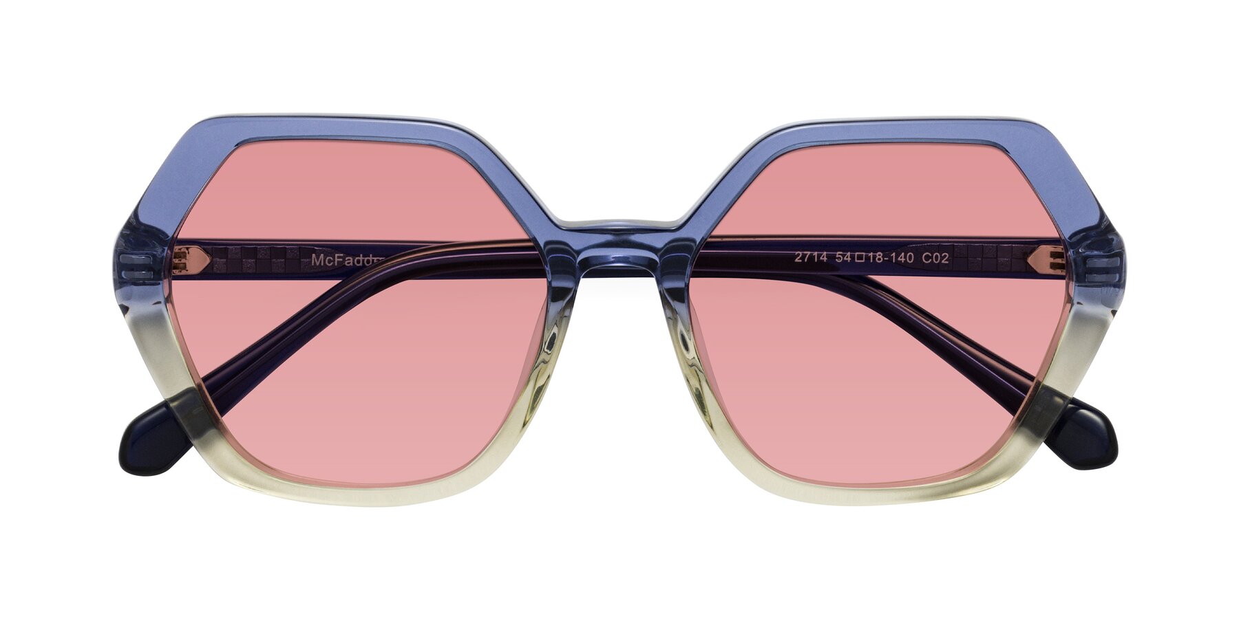 Folded Front of McFadden in Clear Blue/Clear Green with Medium Garnet Tinted Lenses