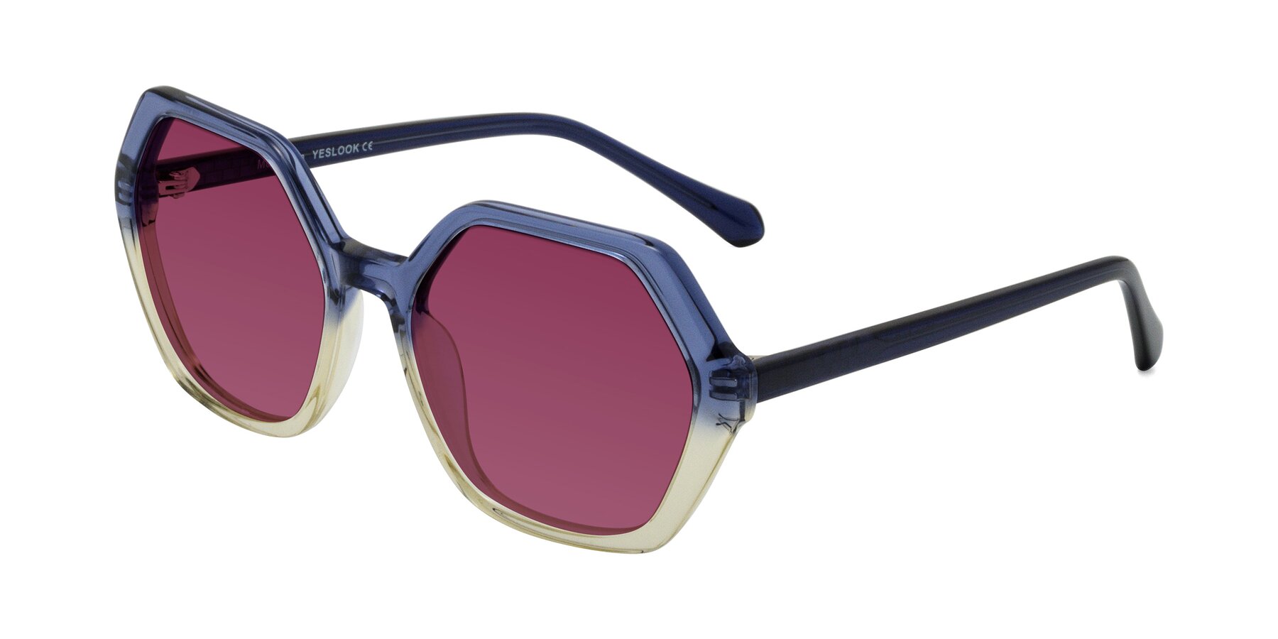 Angle of McFadden in Clear Blue/Clear Green with Wine Tinted Lenses