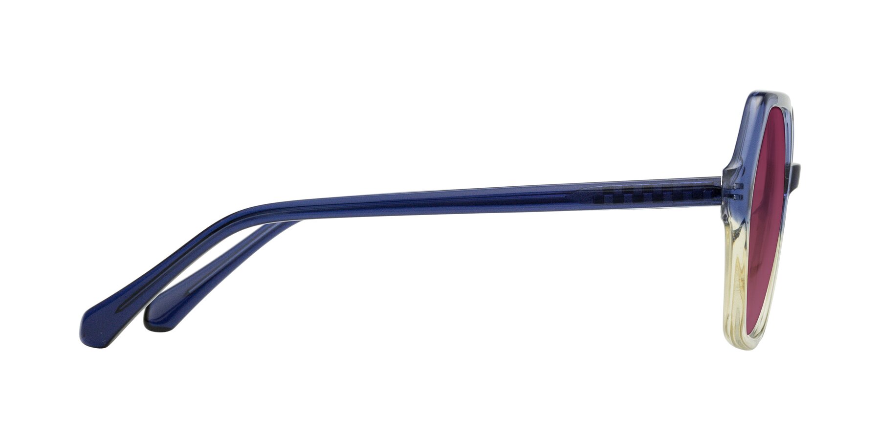 Side of McFadden in Clear Blue/Clear Green with Wine Tinted Lenses