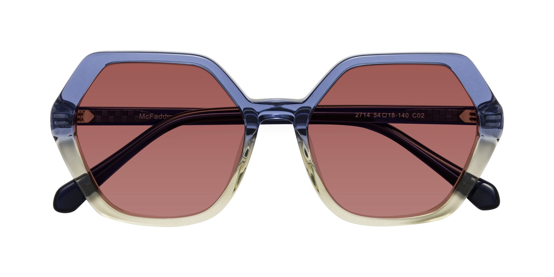 Folded Front of McFadden in Clear Blue/Clear Green with Garnet Tinted Lenses