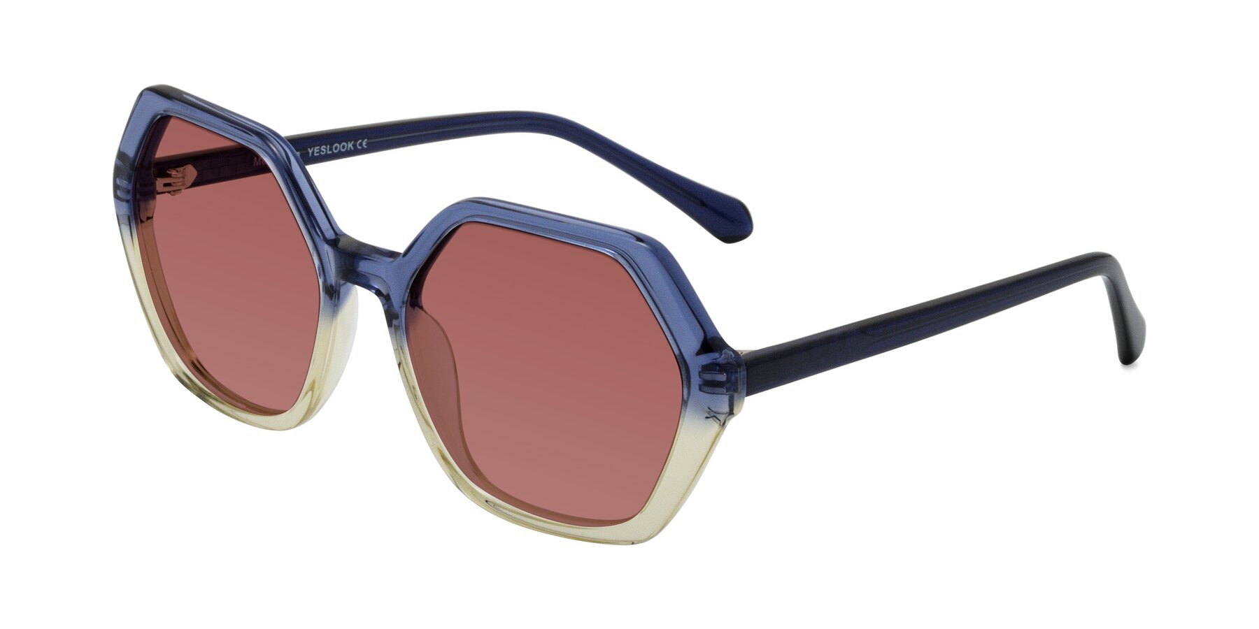 Angle of McFadden in Clear Blue/Clear Green with Garnet Tinted Lenses