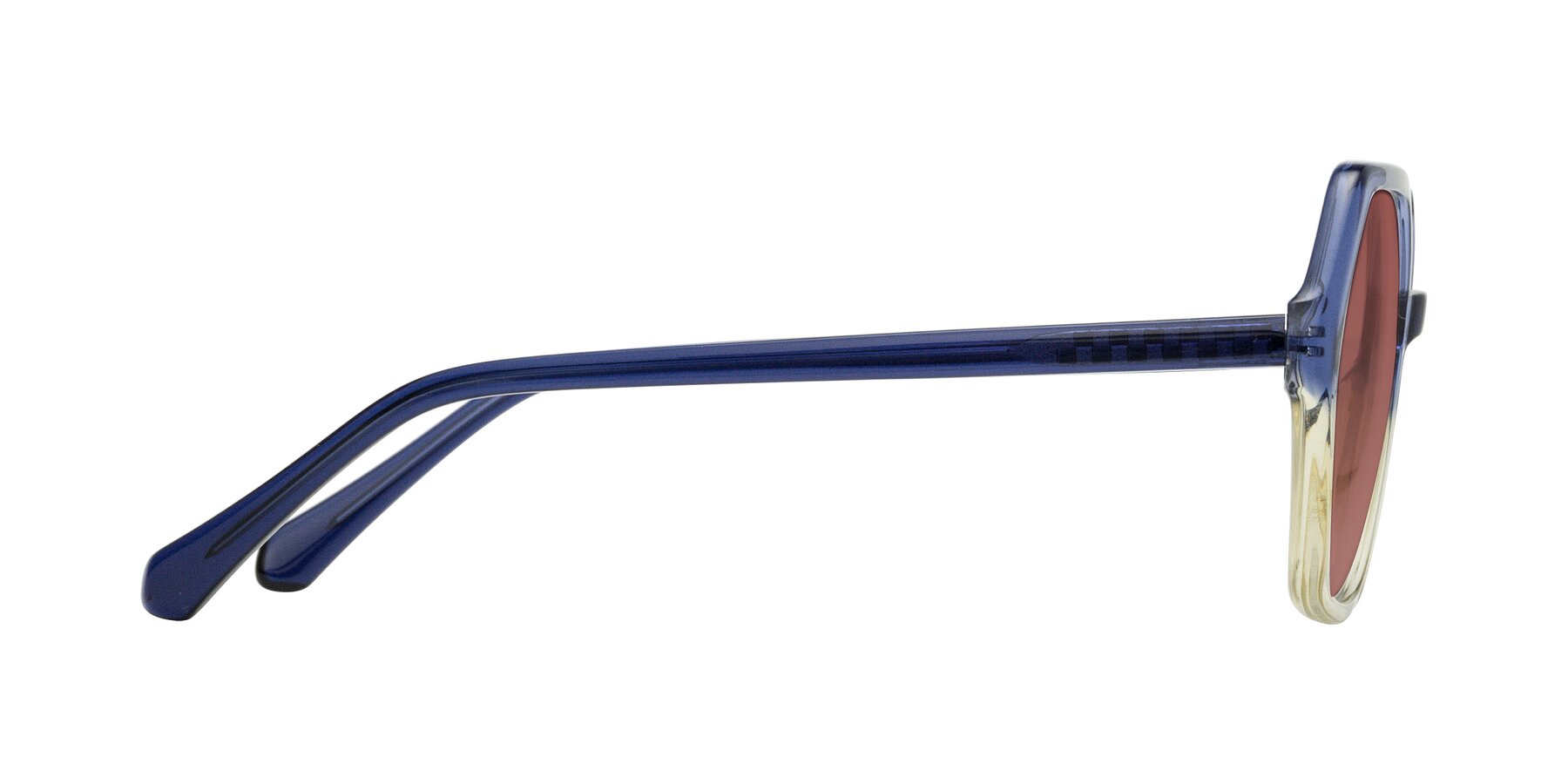 Side of McFadden in Clear Blue/Clear Green with Garnet Tinted Lenses