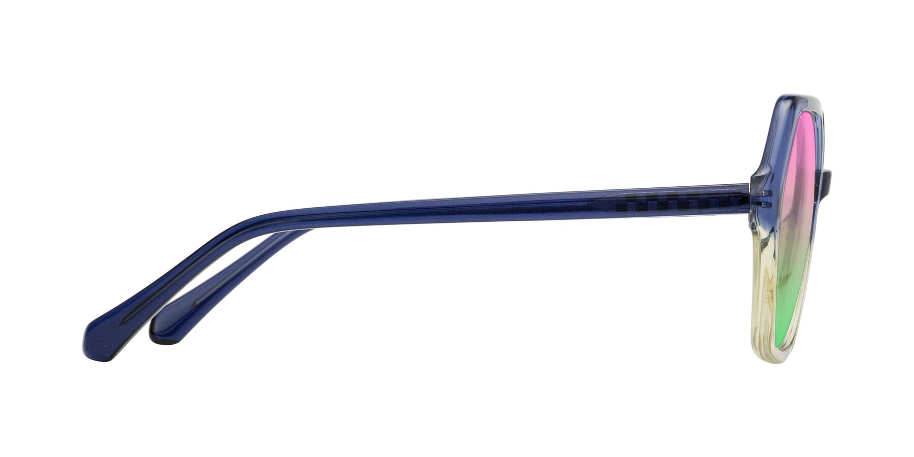 Side of McFadden in Clear Blue/Clear Green with Pink / Green Gradient Lenses