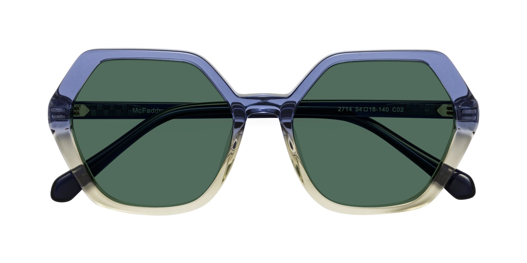 Folded Front of McFadden in Clear Blue/Clear Green with Green Polarized Lenses