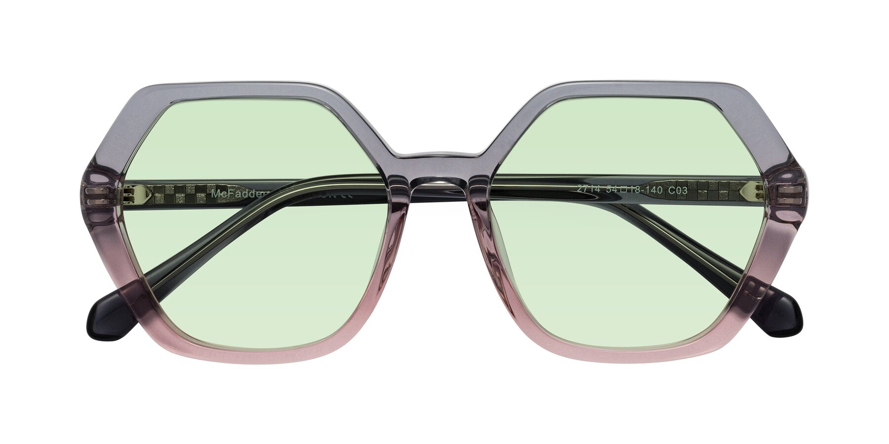 Folded Front of McFadden in Clear Gray/Clear Pink with Light Green Tinted Lenses