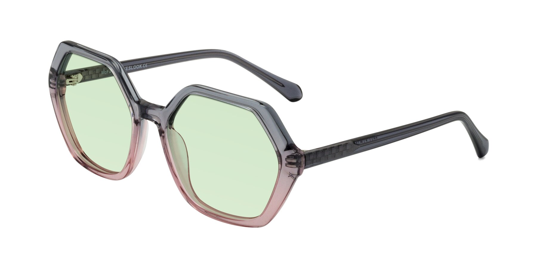 Angle of McFadden in Clear Gray/Clear Pink with Light Green Tinted Lenses