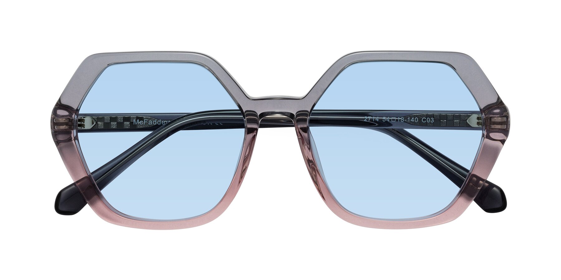 Folded Front of McFadden in Clear Gray/Clear Pink with Light Blue Tinted Lenses