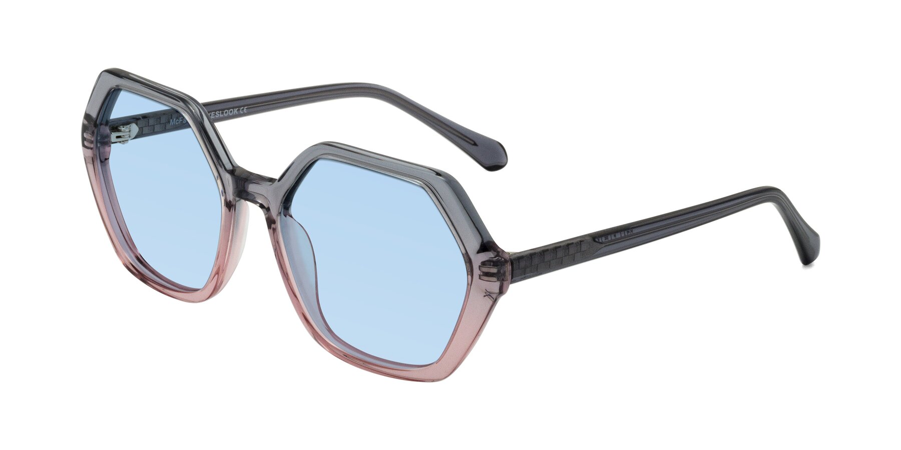 Angle of McFadden in Clear Gray/Clear Pink with Light Blue Tinted Lenses