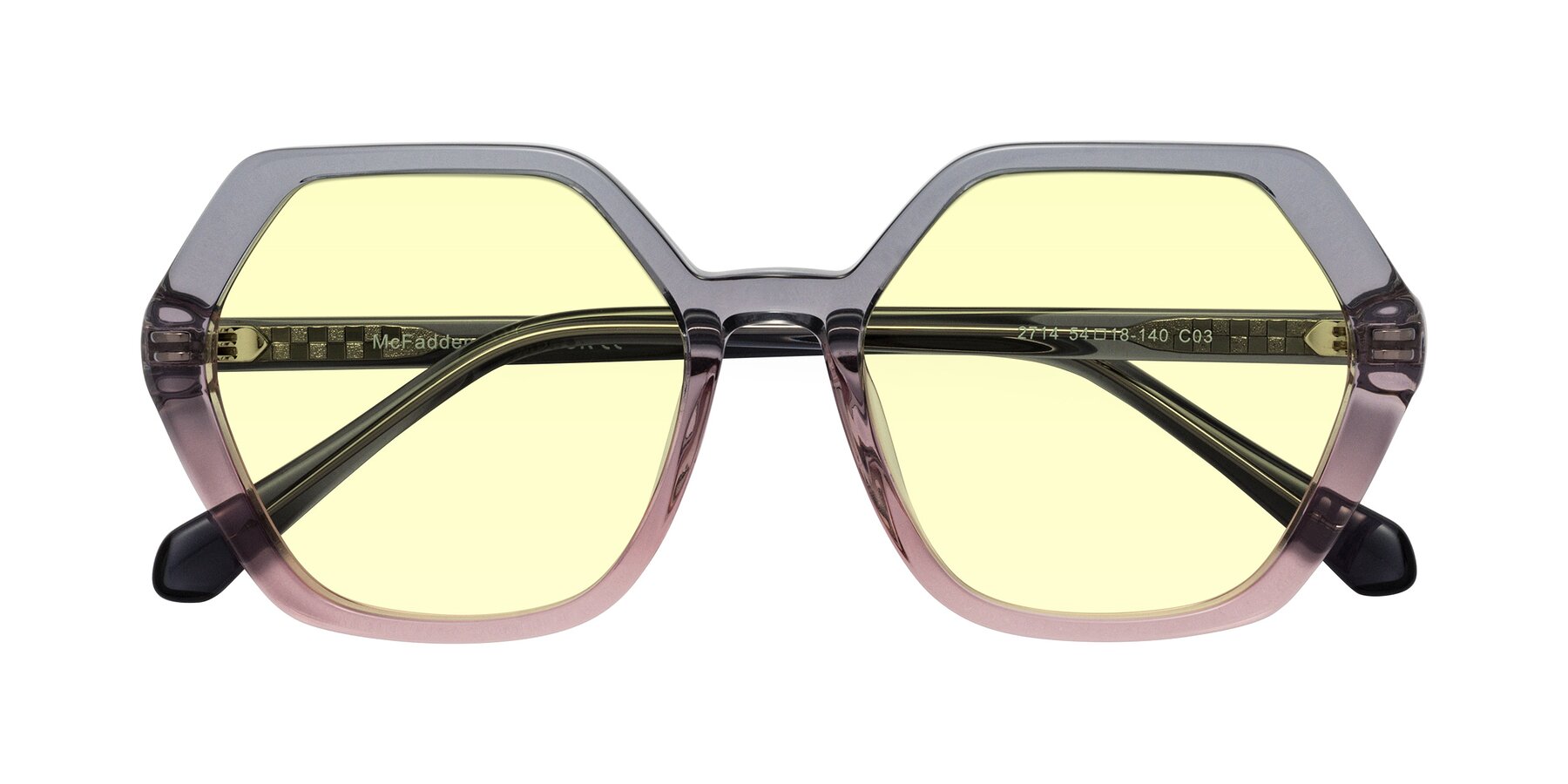 Folded Front of McFadden in Clear Gray/Clear Pink with Light Yellow Tinted Lenses