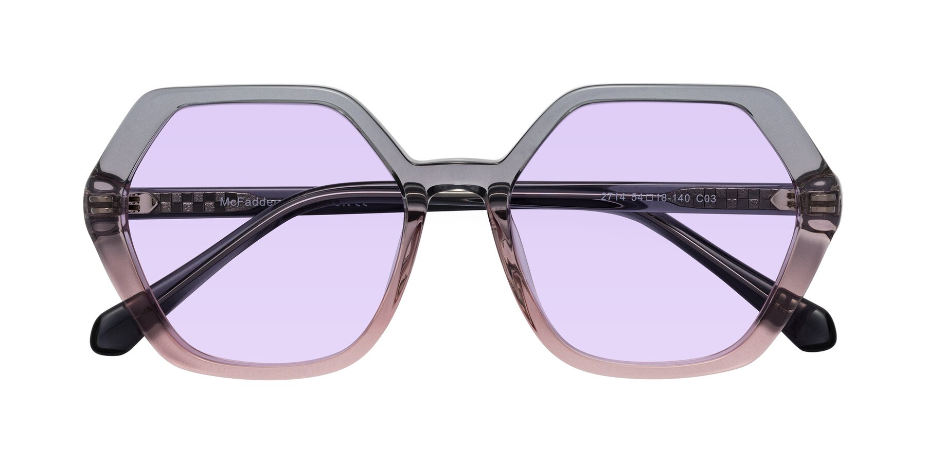 Folded Front of McFadden in Clear Gray/Clear Pink with Light Purple Tinted Lenses