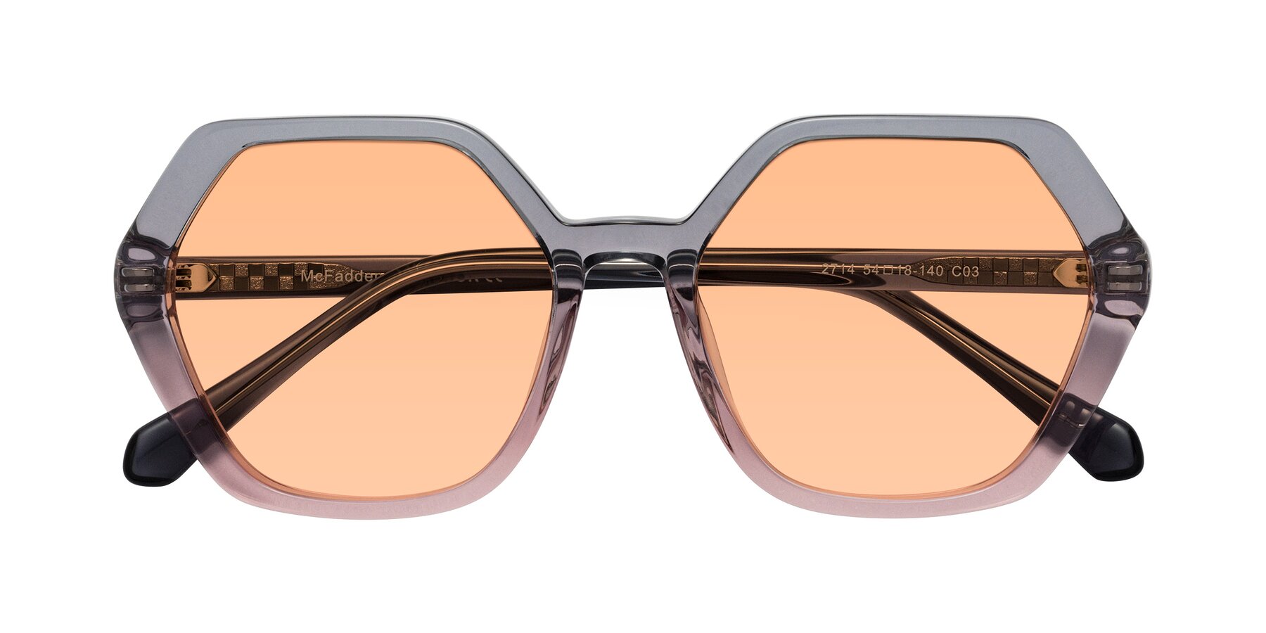 Folded Front of McFadden in Clear Gray/Clear Pink with Light Orange Tinted Lenses