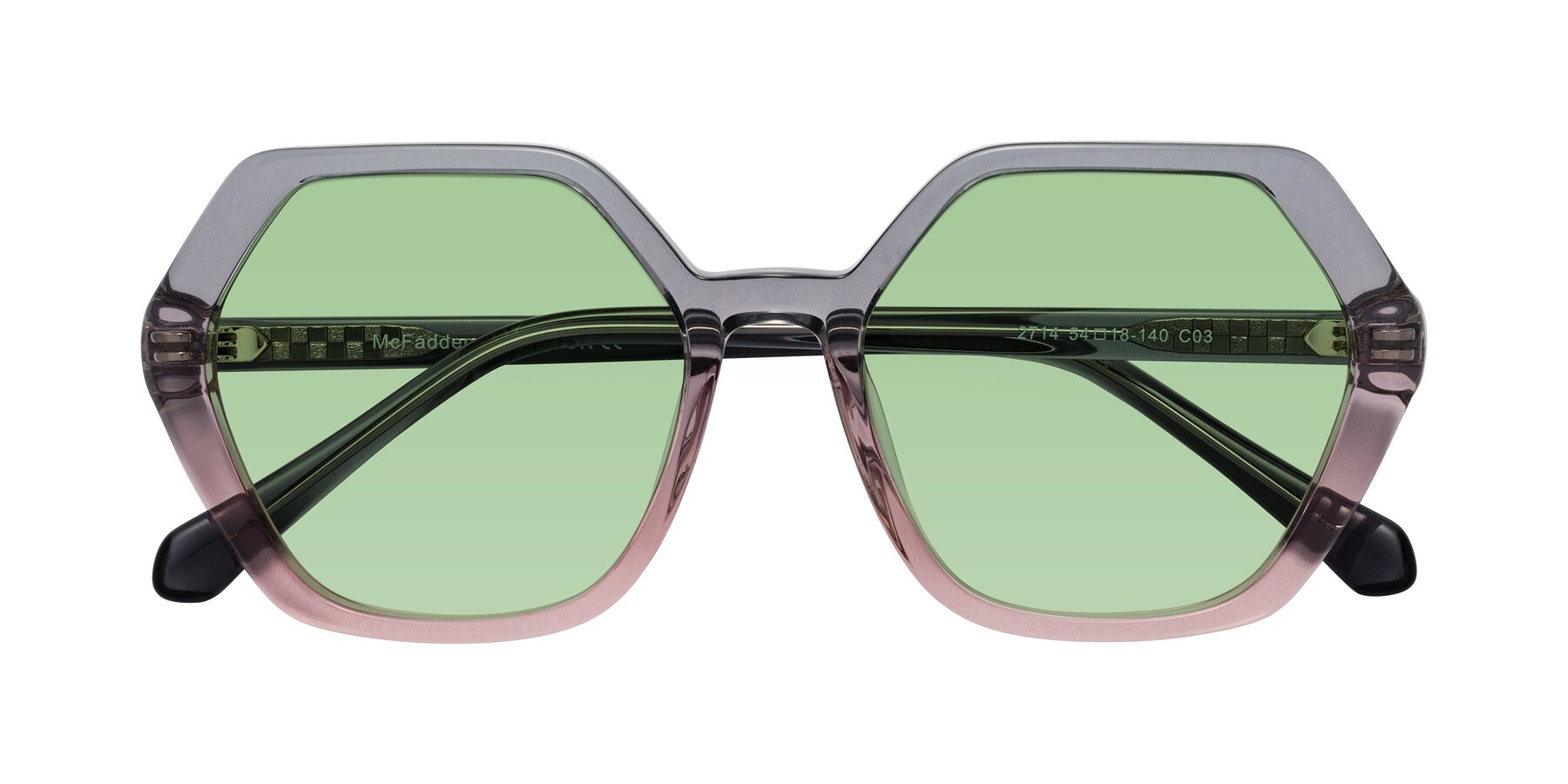 Folded Front of McFadden in Clear Gray/Clear Pink with Medium Green Tinted Lenses