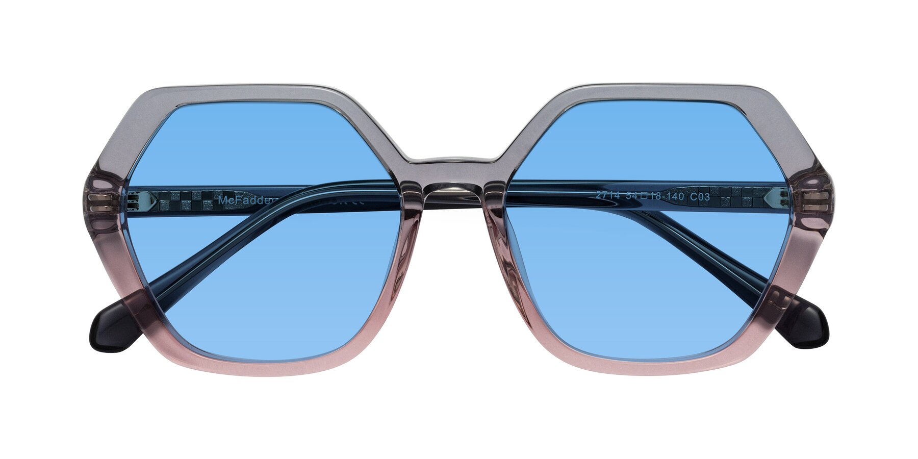 Folded Front of McFadden in Clear Gray/Clear Pink with Medium Blue Tinted Lenses