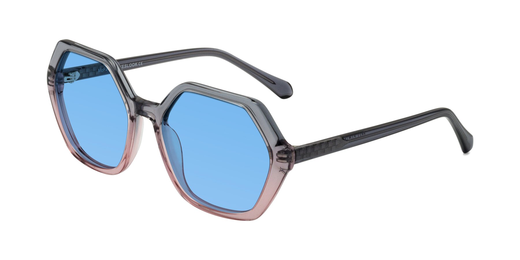Angle of McFadden in Clear Gray/Clear Pink with Medium Blue Tinted Lenses