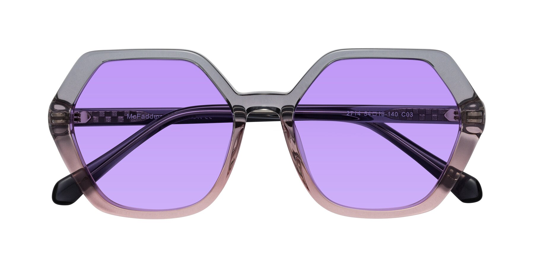 Folded Front of McFadden in Clear Gray/Clear Pink with Medium Purple Tinted Lenses