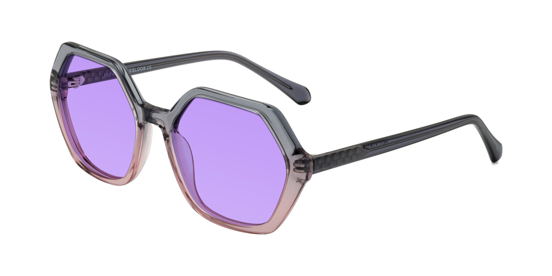 Angle of McFadden in Clear Gray/Clear Pink with Medium Purple Tinted Lenses