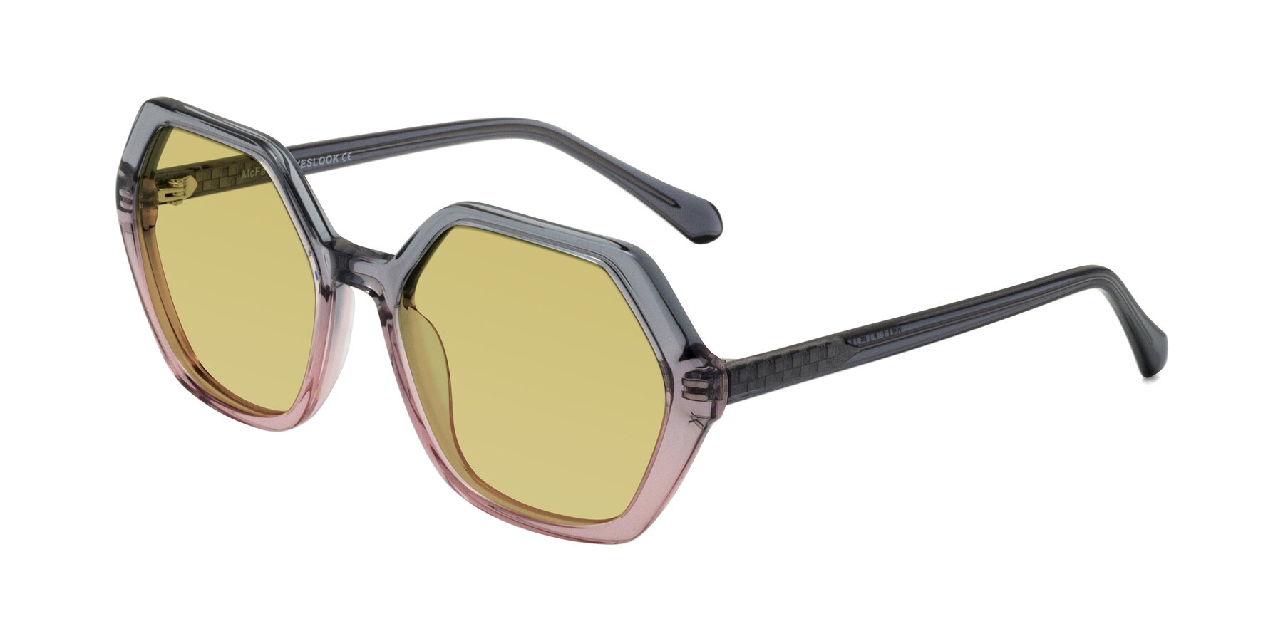 Angle of McFadden in Clear Gray/Clear Pink with Medium Champagne Tinted Lenses