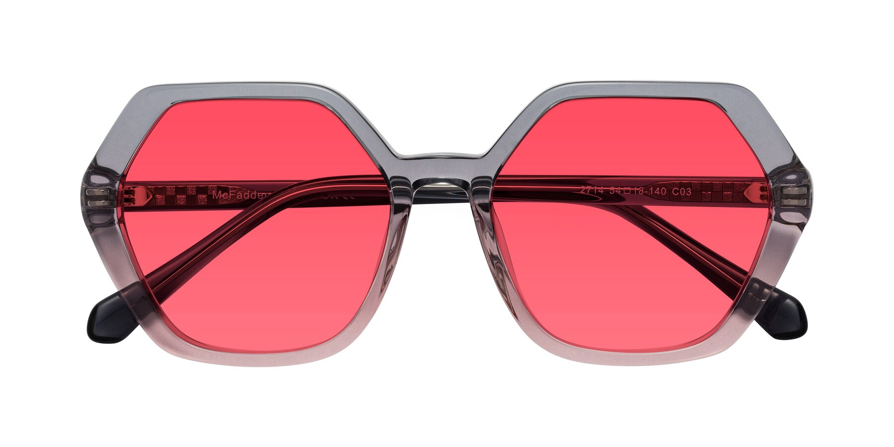 Folded Front of McFadden in Clear Gray/Clear Pink with Red Tinted Lenses